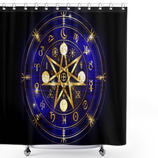 Personality  Wiccan Symbol Of Protection. Gold Mandala Witches Runes, Mystic Wicca Divination. Ancient Occult Symbols, Earth Zodiac Wheel Of The Year Wicca Astrological Signs, Vector Isolated Or Black Background Shower Curtains