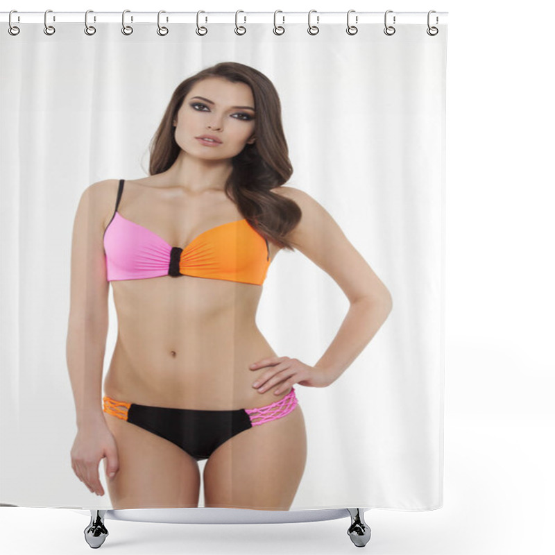 Personality  Beautiful Girl Posing In Stylish Detailed Chic Pink And Orange Bikini On White Background. Shower Curtains