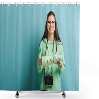 Personality  Happy Tourist With Digital Camera Holding Map While Smiling On Blue Background Shower Curtains