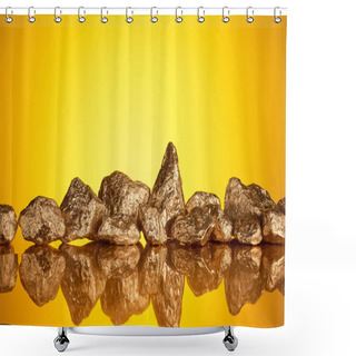 Personality  Pile Of Gold Shiny Stones In Row With Reflection On Yellow Background With Copy Space Shower Curtains