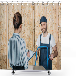 Personality  Smiling Delivery Man With Delivery Cart Looking At Businesswoman With Clipboard Shower Curtains