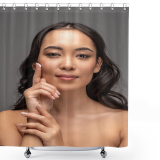 Personality  Beautiful Asian Girl Applying Cosmetic Cream On Face And Looking At Camera Isolated On Grey Shower Curtains