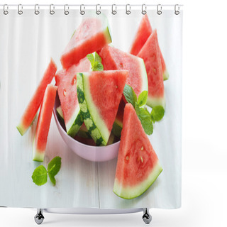 Personality  Triangular Slices Of Fresh Watermelon On White Wooden Background Shower Curtains