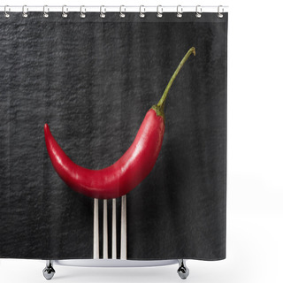 Personality  Top View Of Red Ripe Chili Pepper On Fork On Black Surface Shower Curtains