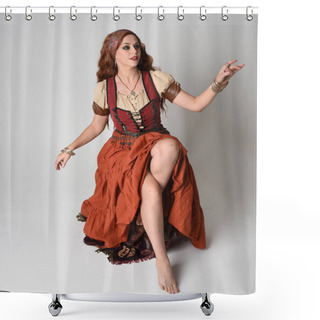 Personality  Full Length Portrait Of Beautiful Red Haired Woman Wearing A Medieval Maiden, Fortune Teller Costume.  Sitting Pose, With Gestural Hands Reaching Out. Isolated On Studio  Shower Curtains