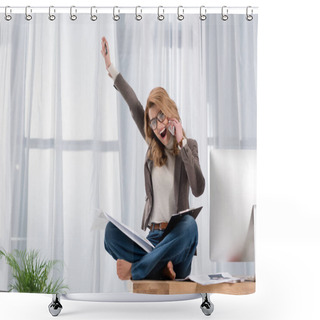 Personality  Happy Businesswoman With Papers Talking On Smartphone While Sitting On Table In Office Shower Curtains