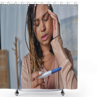 Personality  Abortion Concept, African American Woman Looking At Pregnancy Test And Making Decision, Uncertainty Shower Curtains