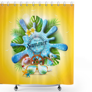 Personality  Vector Summer Holiday Illustration With Pool Water Splash And Tropical Leaves On Yellow Background. Exotic Plants, Flower, Sunglasses And Ship Steering Wheel For Banner, Flyer, Invitation, Brochure Shower Curtains