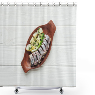 Personality  Top View Of Marinated Herring With Potatoes And Onions In Earthenware Plate On White Wooden Background Shower Curtains