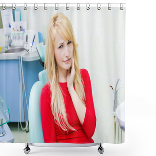 Personality  Young Woman With Toothache In Dentist Office Shower Curtains