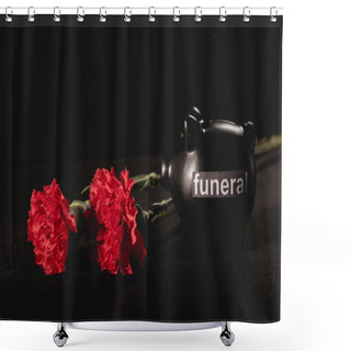 Personality  Red Carnation Flowers And Piggy Bank On Black Background, Funeral Concept Shower Curtains