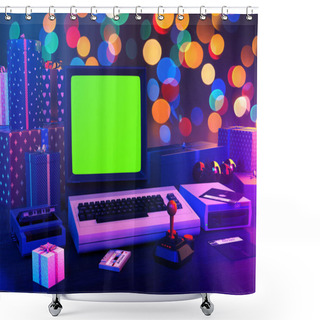 Personality  Christmas Green Screen On A Retrowave Computer With Abstract Background - 3D Rendering Shower Curtains