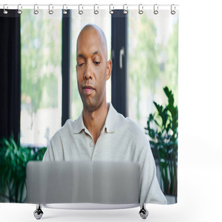 Personality  Ptosis, Eye Syndrome, Bold African American Businessman Looking At Laptop, Dark Skinned Office Worker With Myasthenia Gravis Disease, Diversity And Inclusion, Professional Headshots  Shower Curtains