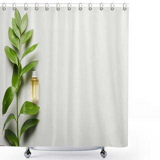 Personality  Top View Of Essential Oil In Bottle And Green Leaves On White Background Shower Curtains