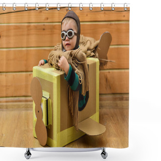 Personality  Cardboard Plane With Childhood Or Little Boy Pilot. Shower Curtains