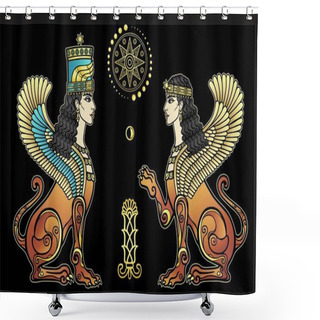 Personality  Animation Color Drawing: Magical Winged Lioness. Ishtar, Astarta, Inanna. Character In Assyrian Mythology. Sacred Star. Vector Illustration Isolated On A Black Background.  Shower Curtains