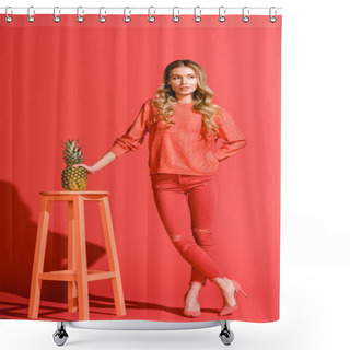 Personality  Stylish Beautiful Woman Holding Fresh Pineapple At Stool On Living Coral  Shower Curtains