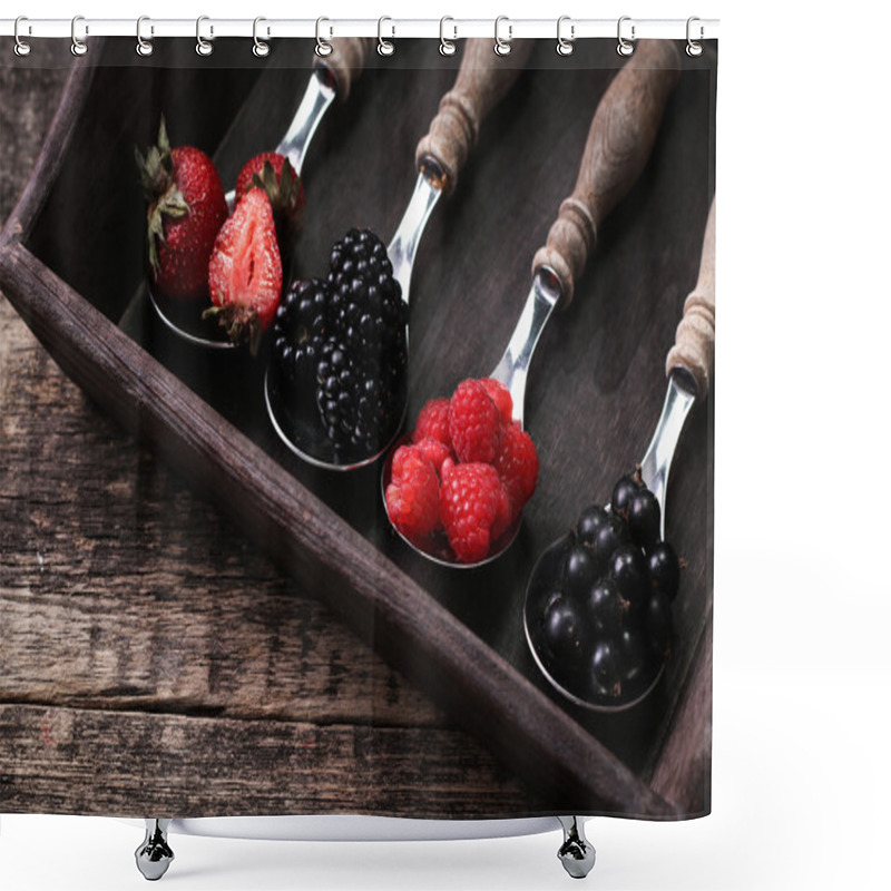 Personality  Mixed Strawberries, Raspberries, Blueberries And Blackberries On Vintage Metal Spoons Shower Curtains
