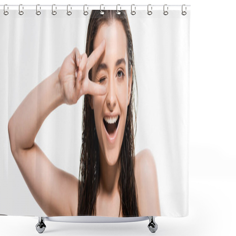 Personality  beautiful wet young woman winking and showing peace sign isolated on white, panoramic shot shower curtains