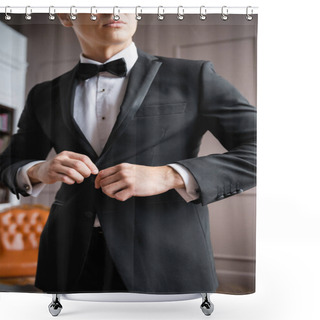 Personality  Cropped View Of Man Buttoning Jacket At Home  Shower Curtains
