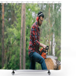 Personality  Attentive Lumberman In Hearing Protectors Cutting Trunk With Chainsaw In Forest Shower Curtains