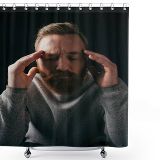 Personality  Tensed Bearded Man In Jumper Touching Head Isolated On Black With Shadow  Shower Curtains