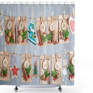 Personality  Original Advent Calendar For Christmas As Paper Bag With Clips On The Background Of Gray Wall Shower Curtains
