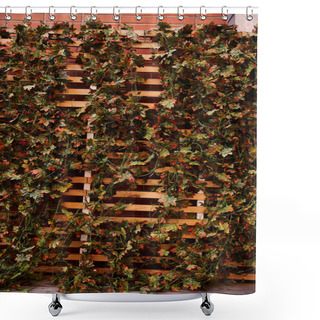 Personality  A Wooden Fence Is Entwined With Lush Green Vines, Contrasting Against A Rustic Brick Wall In A Charming And Whimsical Outdoor Setting Shower Curtains