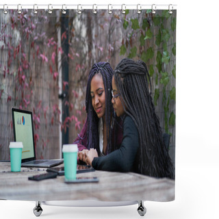 Personality  Two African American Women Sitting On A Terrace Outside Working On The Laptop. Concept Of Teamwork. Shower Curtains