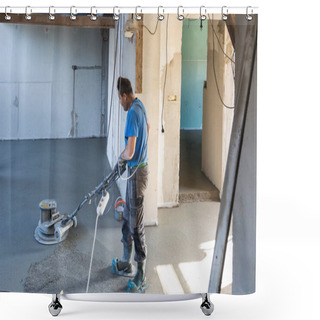 Personality  Laborer Polishing Sand And Cement Screed Floor. Shower Curtains