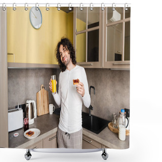 Personality  Happy Man In Pajamas Holding Orange Juice And Toast With Jam While Smiling At Camera Shower Curtains