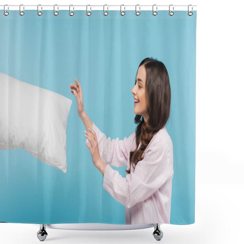 Personality  Side View Of Happy Young Woman In Sleepwear Reaching White Pillow In Air Isolated On Blue  Shower Curtains