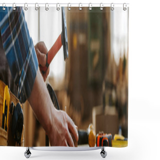 Personality  Panoramic Shot Of Carpenter Holding Hammer In Workshop  Shower Curtains