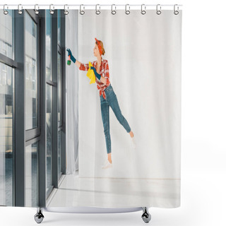 Personality  Floating Girl In Jeans And Plaid Shirt Cleaning Windows With Rag And Spray  Shower Curtains