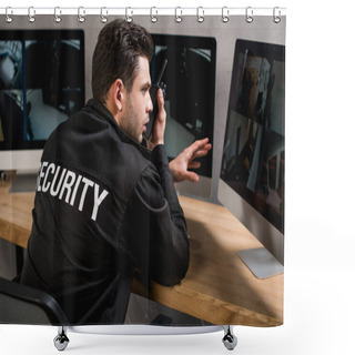 Personality  Back View Of Guard In Uniform Using Walkie-talkie Shower Curtains