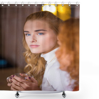 Personality  Girl Holding Cup Of Tea Shower Curtains