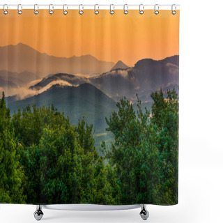Personality  Fog Over The Appalachian Mountains At Sunset, Seen From The Blue Shower Curtains