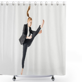 Personality  Angry Female Karate Fighter Jumping And Performing Kick In Suit Isolated On Grey Shower Curtains
