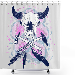 Personality  Bull Skull With Tomahawks Crossed And Feathers Shower Curtains