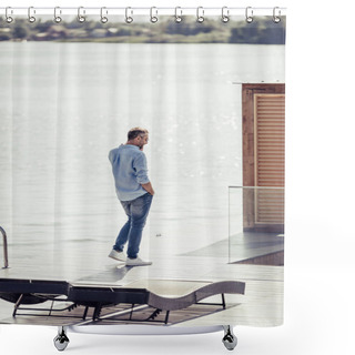 Personality  Adult Man Talking On Smartphone Near Lake At Country House  Shower Curtains