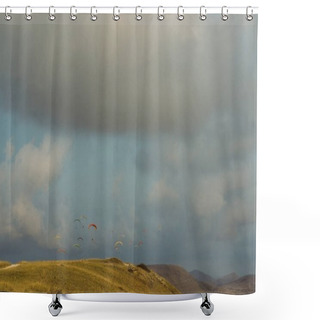 Personality  Mountainous Landscape With Paratroopers Flying In The Sky, Crimea, Ukraine, May 2013 Shower Curtains
