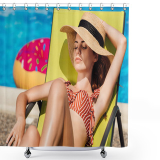 Personality  Attractive Young Woman In Straw Hat Relaxing On Sun Lounger At Poolside Shower Curtains
