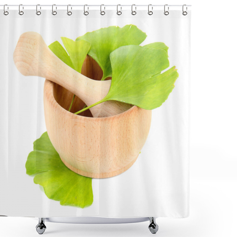 Personality  Ginkgo biloba leaves in mortar isolated on white shower curtains