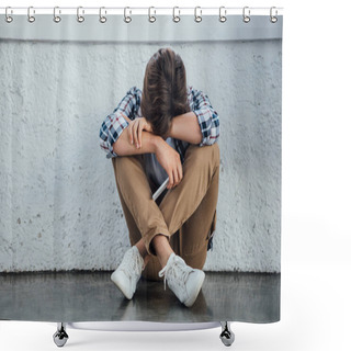 Personality  Sad Teenager Sitting With Crossed Legs And Holding Smartphone Shower Curtains