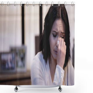 Personality  Depressed Woman Wiping Tears With Paper Napkin At Home Shower Curtains