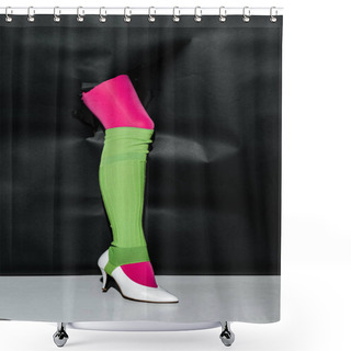 Personality  Cropped Image Of Girl Showing Leg In Pink Tights, Green Gaiter And White High Heel Through Black Paper Shower Curtains