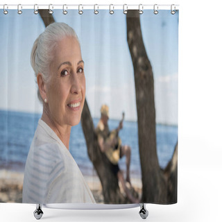 Personality  Senior Woman At Riverside  Shower Curtains