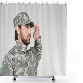 Personality  Side View Of Confident Bearded Soldier In Military Uniform Saluting On Grey Background Shower Curtains
