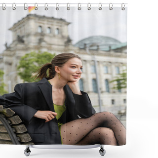 Personality  Dreamy Young Woman In Jacket, Dress And Tights Looking Away While Sitting On Bench In Berlin Shower Curtains