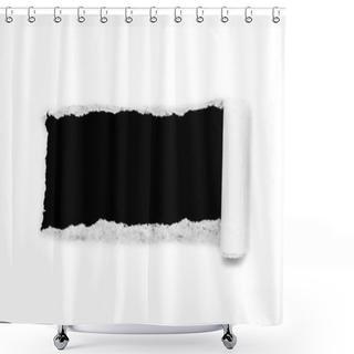 Personality  Hole In White Paper With Torn Edges Isolated On A White Background With A Black Isolated Background Inside. Shower Curtains